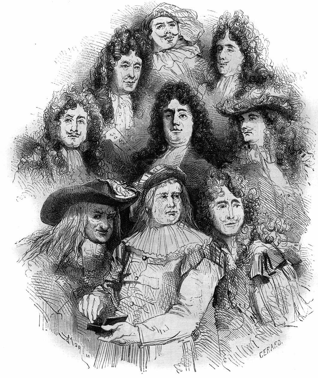 Tolkene til Moliere ved Comedie Francaise i 1862-1863. Fra bunn til topp: Provost (Arnolphe), Joseph Samson (1893-1871) (Sganarelle), Geffroy (Clitandre), Bressant (Don Juan), Edmond Got (1822-1901) (Trissolin), Louis Delaunay (1826-1903) (Hor av French School