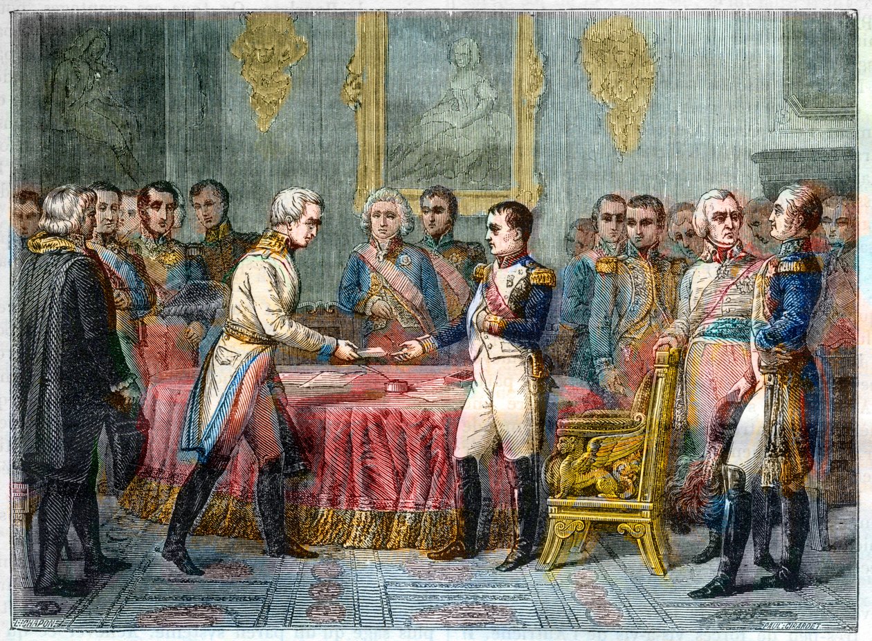 The interview of Erfurt, 27 September - 14 October 1808 - Napoleon I receiving Baron Vincent, Austrian diplomat and envoy of the Emperor of Austria to the right Alexander I of Russia (1777-1825) - Assembly of Princes in Erfurt on 27 September 1808 (Napoleo av French School