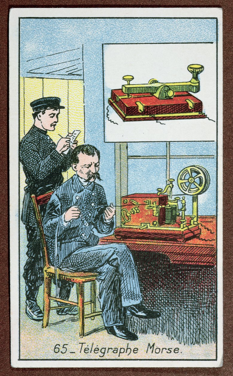Oppfinnelsen av telegrafi med morsekode, nummer 65 i en serie kort som viser store oppfinnelser, ca. 1910 av French School