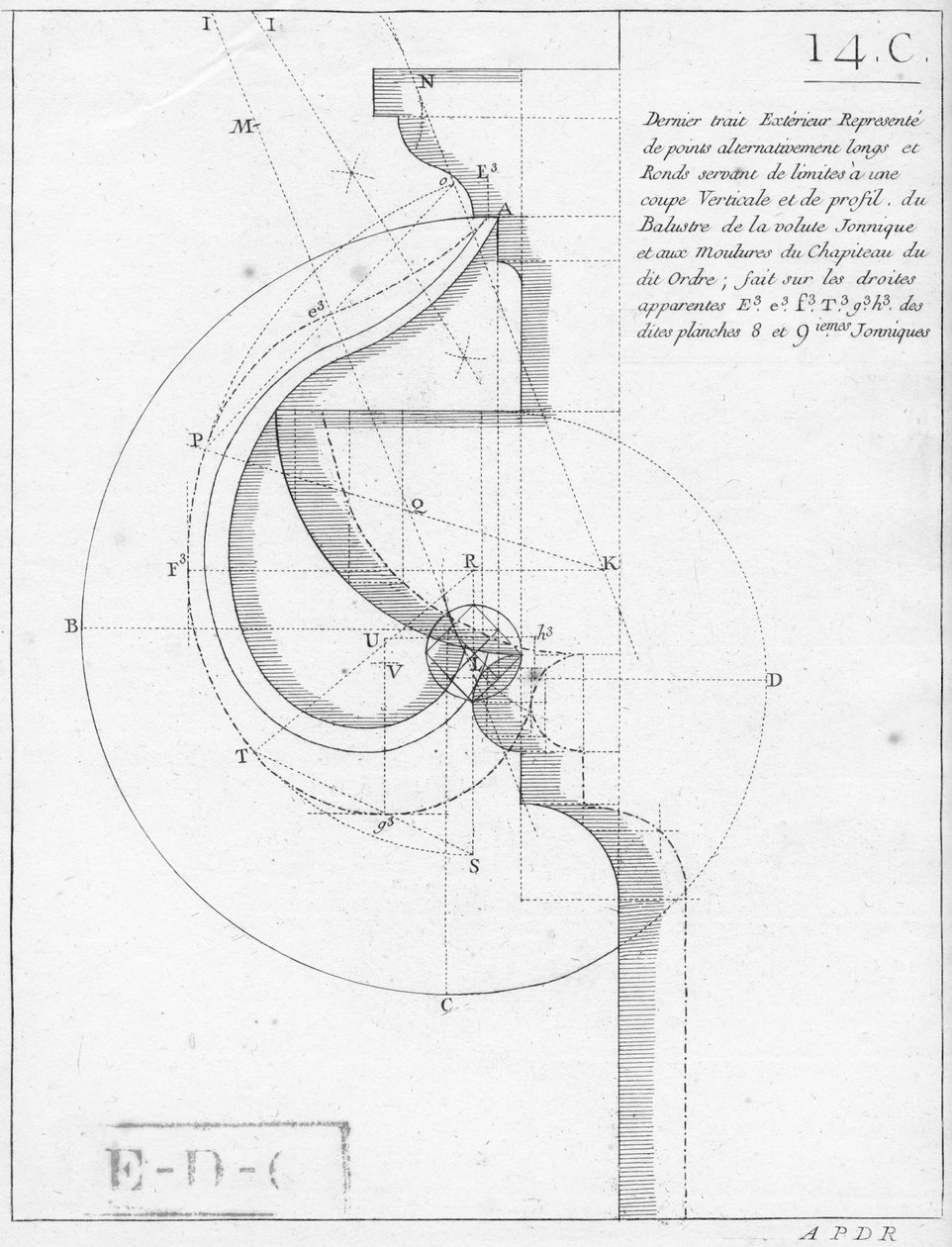 Den ioniske kapitalen, illustrasjon fra en bok om geometri, utgitt With Privilege du Roy og E.. du Gouvernement av French School