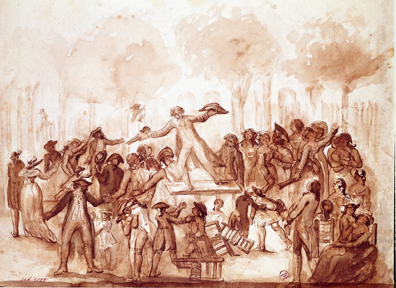 Journalisten Camille Desmoulins (1760-1794) forfulgte patriotene i hagen til Det kongelige slott”” Første scene av den franske revolusjonen i Paris, 12. juli av French School