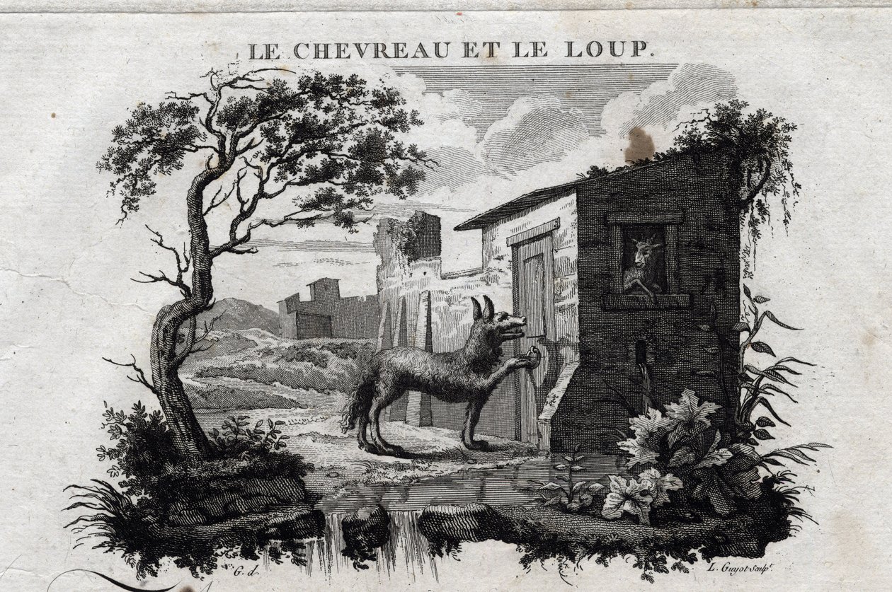The kid and the wolf. Fable of Esope. (Greek writer Esopo or Ecopus, 6th century BC) Written by Guillaume Montfort and Gravees by Beauble in 1801. av French School