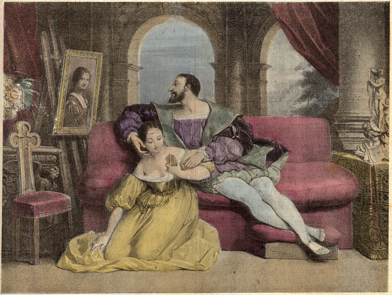 The king of France Francois I (1494-1547) and the beautiful ironwork. Lithograph of Daveria from 1838 in “” Laughs Et Galanterie””. Weekly Collection of Galantes Images on the direction of John Grand-Carteret. 1903-1904. av French School