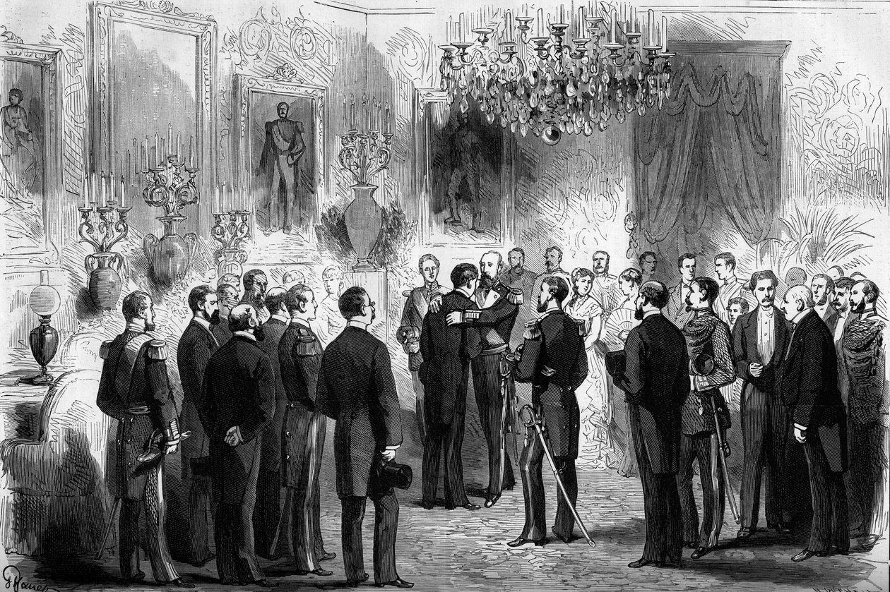 The king of Sweden Oscar II (1829-1907) received explorers Nils Adolf Erik (Eric) Baron Nordenskjold (Nordenskiold) (1832-1901) and Lieutenant Palander at the Royal Palace in Stockholm. In 1878 Nordenskjold passed from the Atlantic Ocean to the Pacific Oce av French School