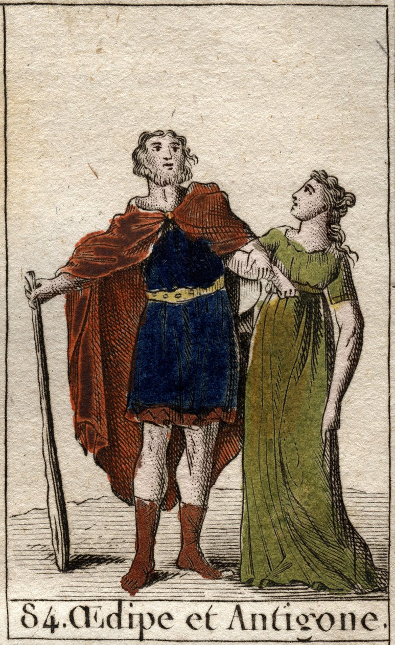 Kongen av Theben Oedipus med datteren Antigone Fra "Mythologie de la jeunesse" av Pierre Blanchard 1803. av French School