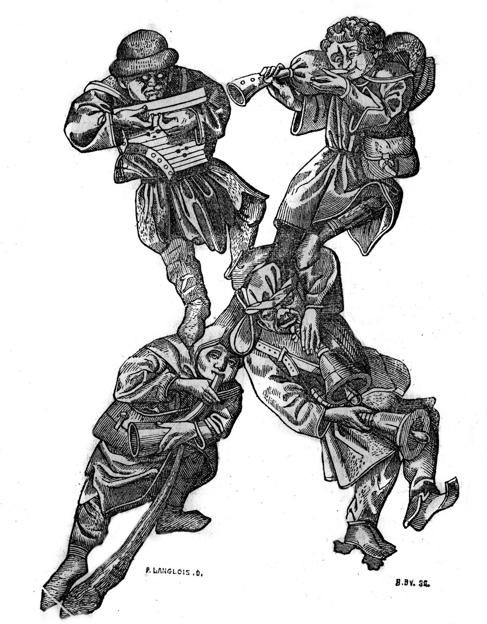 Bokstaven X i det groteske alfabetet består av fire musikalske karakterer, laget i 1466. I "" Den pittoreske butikken"" 1836 av French School