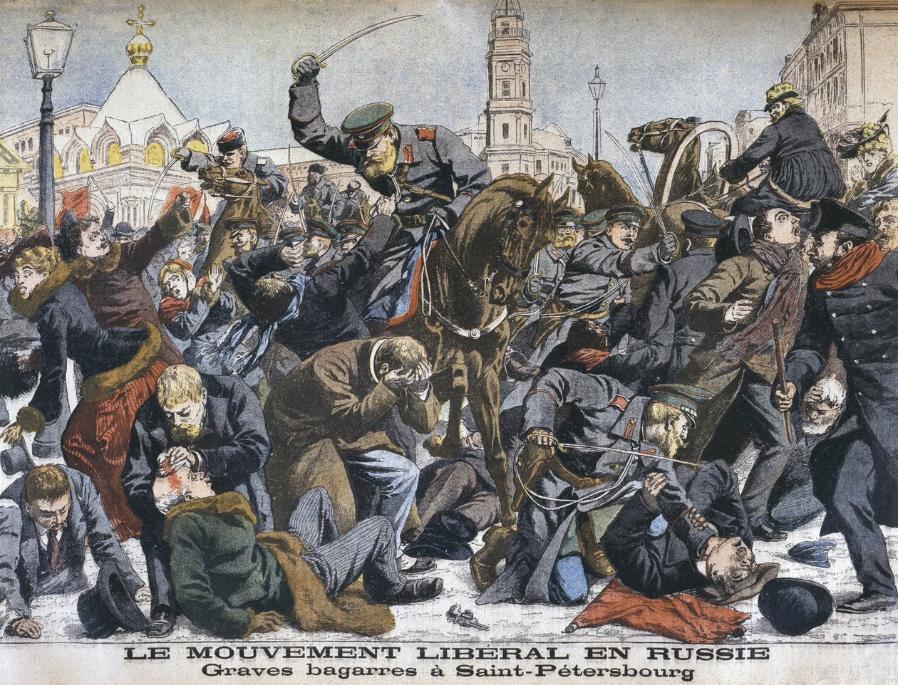 Den liberale bevegelsen i Russland, voldelige slagsmål i St. Petersburg, illustrasjon fra Le Petit Journal: Supplement illustre, 25. desember 1904 av French School