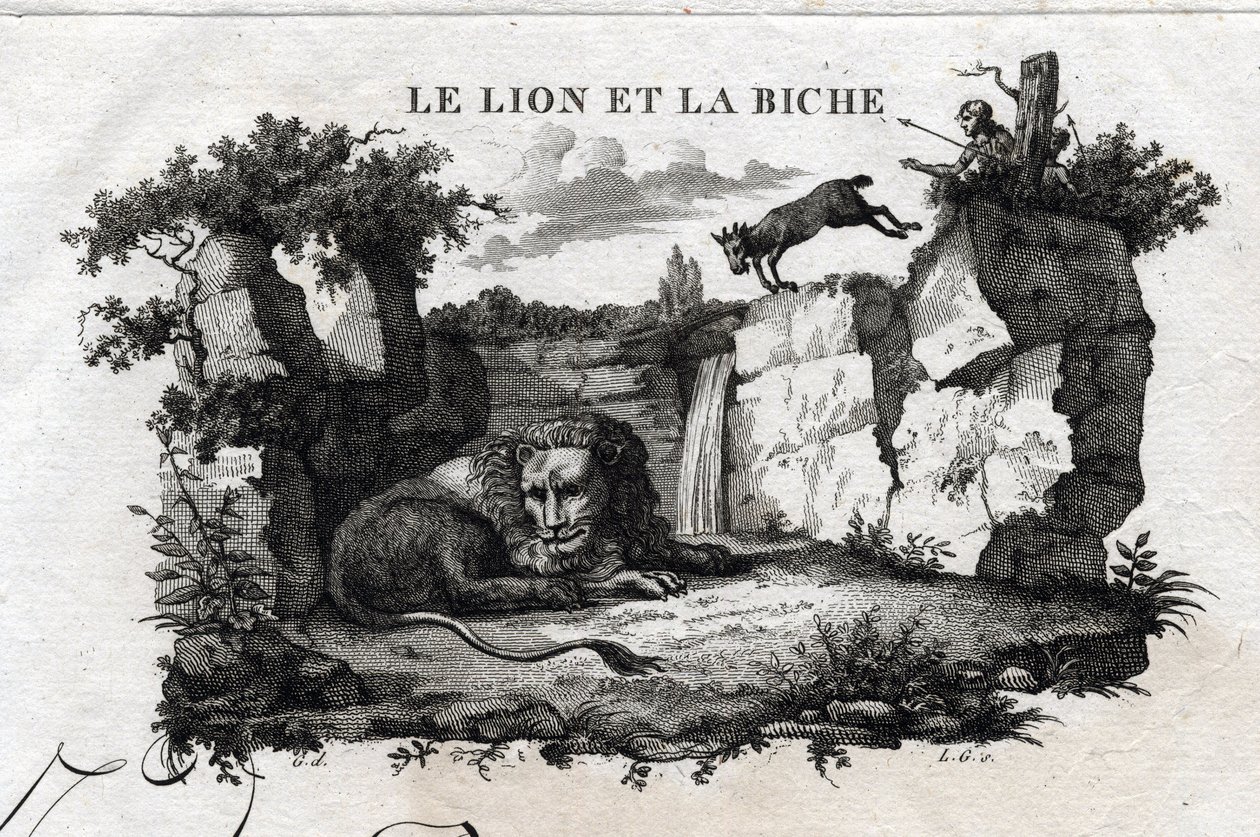 Løven og hjorten. Fabel om Esope. (Gresk forfatter Esopo eller Ecopus, 6. århundre f.Kr.) Skrevet av Guillaume Montfort og Gravees av Beauble i 1801. av French School