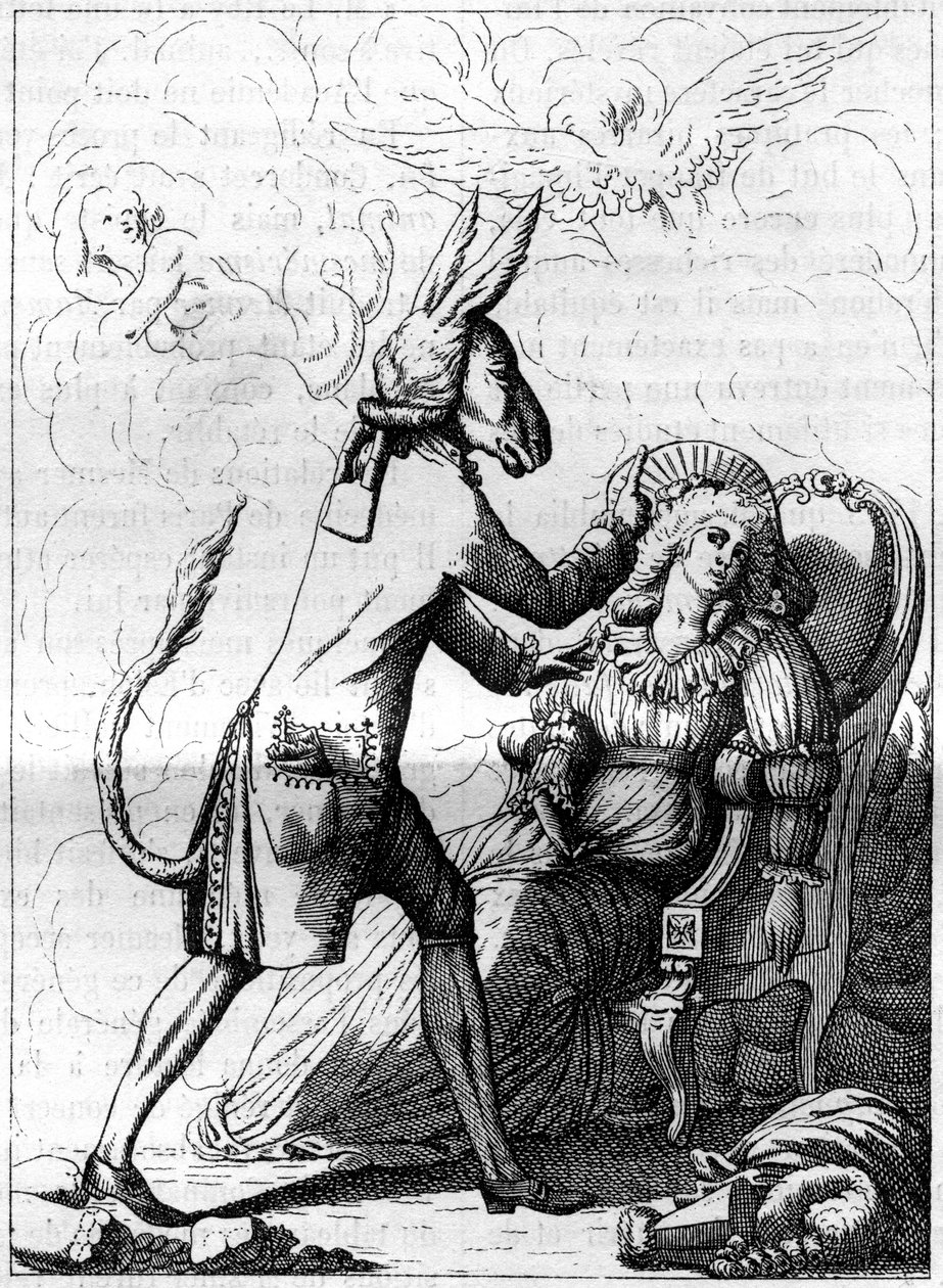The magical finger, a college similar to an ancient caricature about Frans Anton Mesmer (1734-1815), a German doctor, founder of the theory of animal magnetism or mesmerism. Engraving in “” La Nature. Revue des sciences et de ses applications aux arts et a av French School