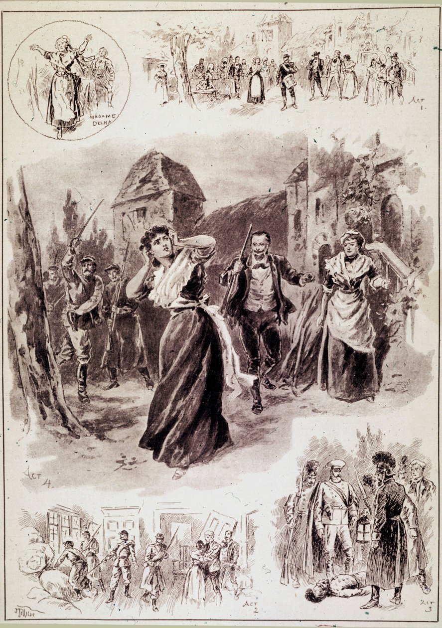 Hovedillustrasjonen skildrer scenen: «En tåre ble hørt, separate slag fulgte. Francoise, opprørt av en skjelving, hadde båret hendene til ørene.»» for «L'Attack du Moulin»», et lyrisk drama av Emile Zola (1840-1902) i fire akter. Musikk av Alfred Br av French School