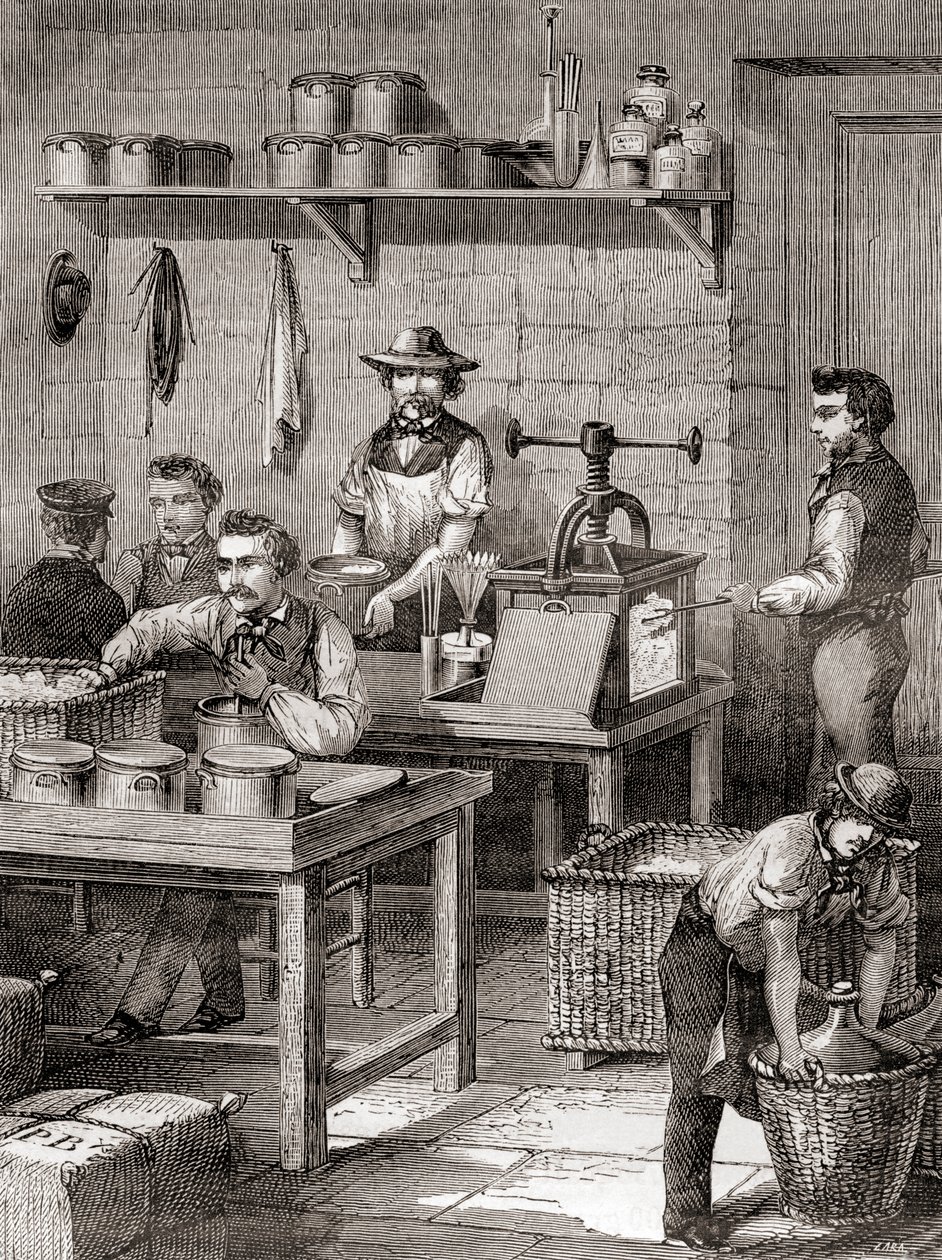 Produksjonen av våpenbomull på 1800-tallet, fra Les Merveilles de la Science, publisert ca. 1870 (gravering) av French School
