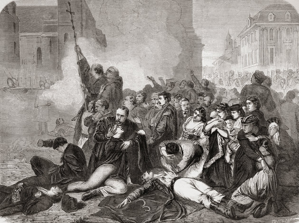 Massakren av sivile på Slottsplassen, Warszawa, 8. april 1861 av russisk infanteri og kavaleri, fra "L"Univers Illustré", 1866 av French School