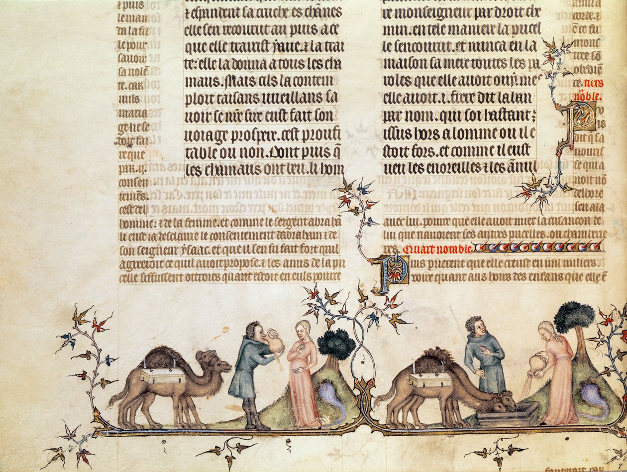 Møtet til Eliezer og Rebecca ved brønnen, fra The Bible of Jean de Sy, ca. 1355 av French School