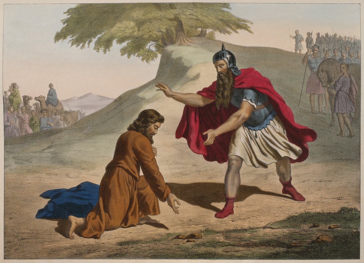 Møtet mellom Jakob og Esau, illustrasjon fra en katekisme LHistoire Sainte, utgitt av Charles Delagrave, Paris, sent på 1800-tallet av French School