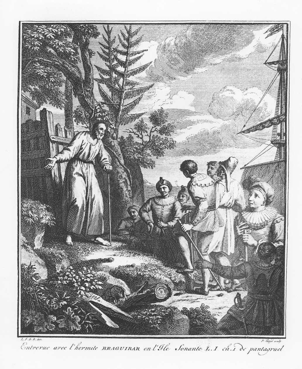 Møtet med Braguibar på øya Sonante, illustrasjon fra "The Life of Gargantua and Pantagruel", av François Rabelais av French School