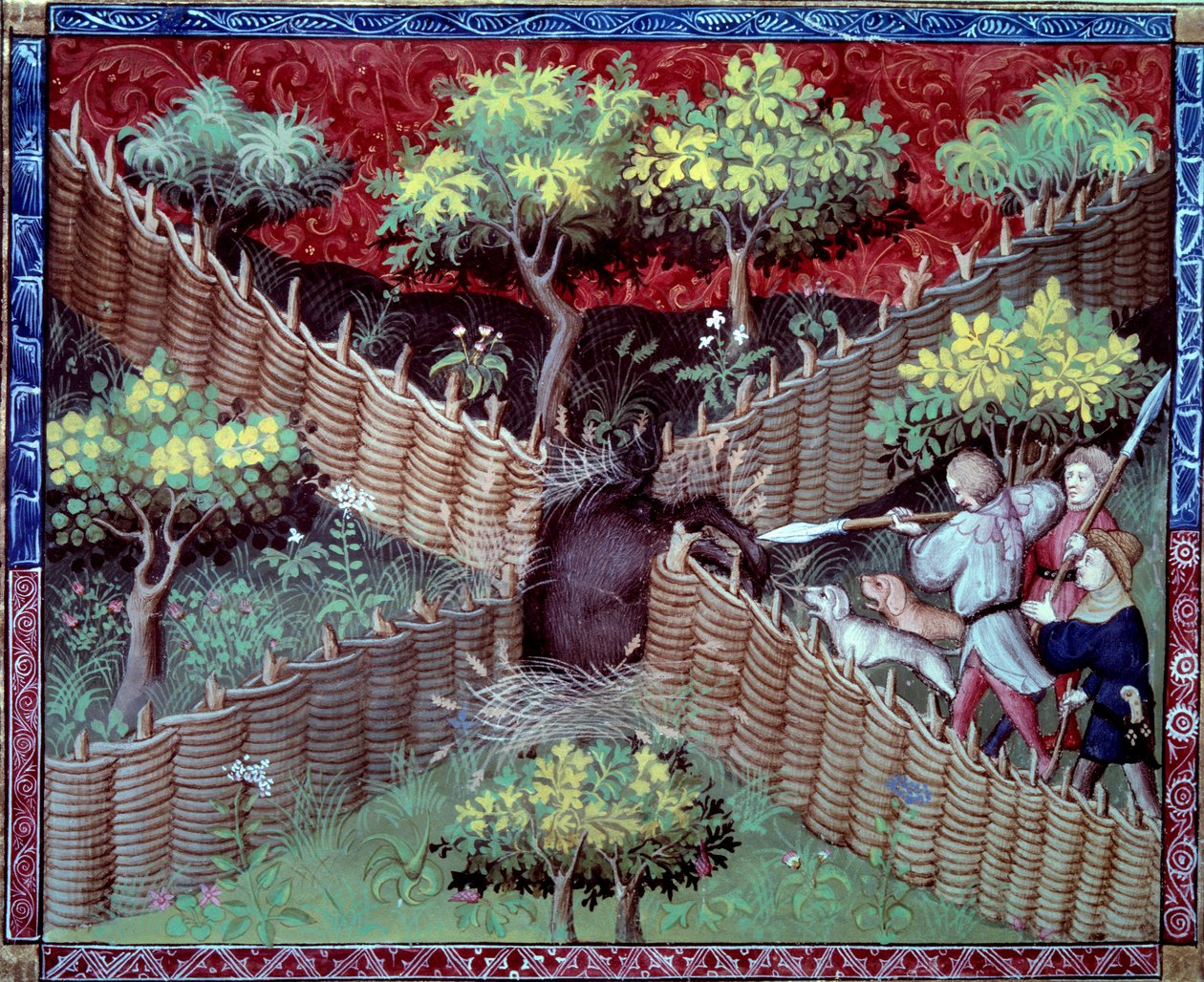 Villsvinjakten i miniatyr hentet fra "The book of hunting"" av Gaston III Phoebus, greve av Foix, Lord of Bearn (1331-1391) av French School