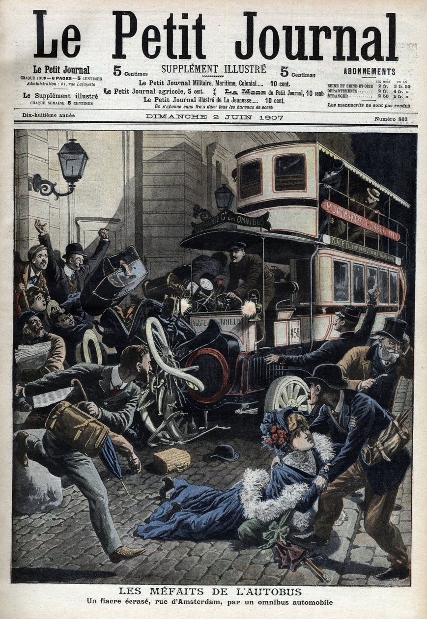Bussens feilgrep: en fiakre knust av en buss i Paris-gaten i Amsterdam "Le Petit journal", juni 1907 (gravering) av French School