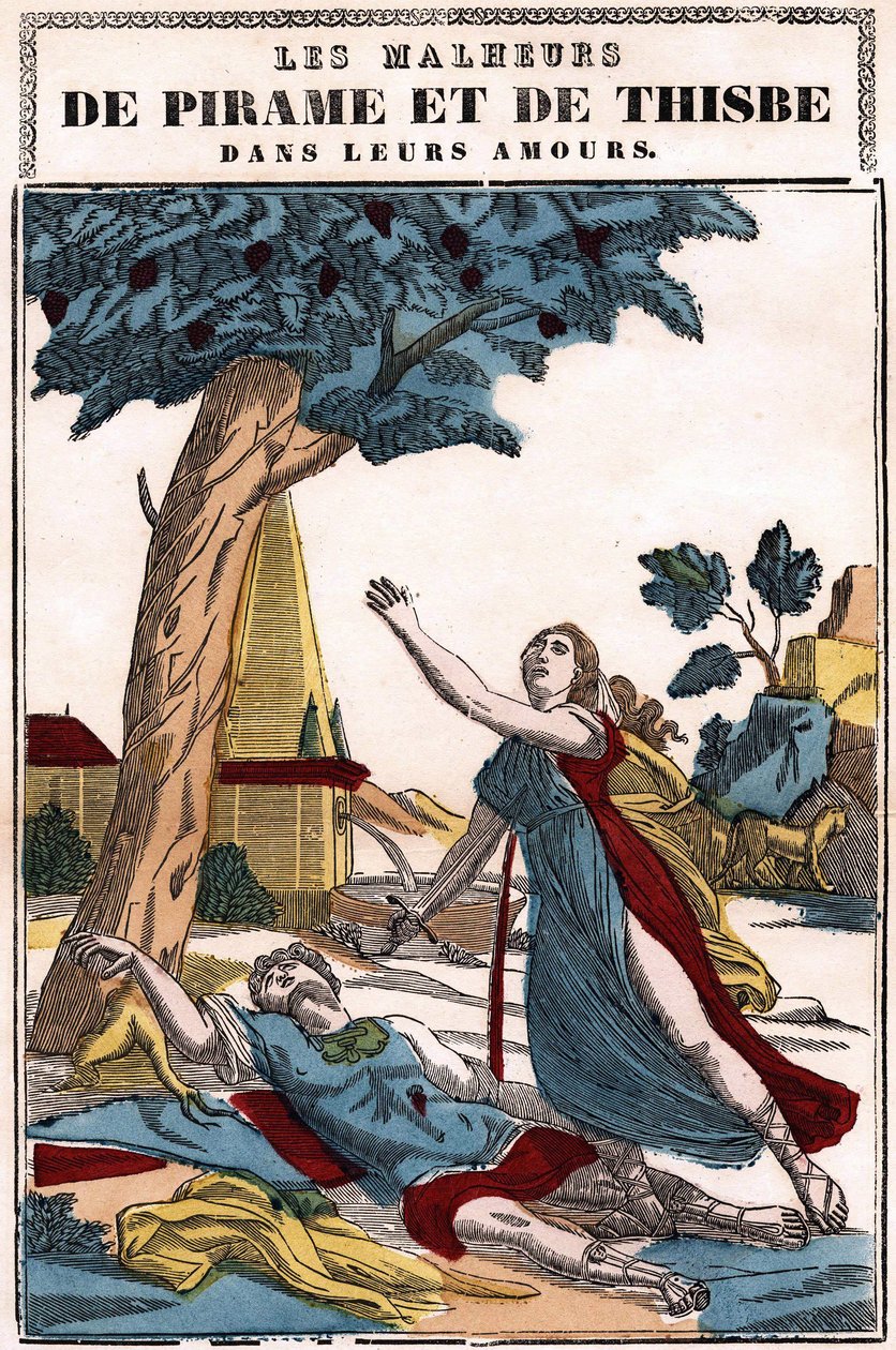 The misfortunes of Pyramus (Pirame) and Thisbe in their love, told by Ovid in “The metamorphoses””. Picture of Epinal av French School