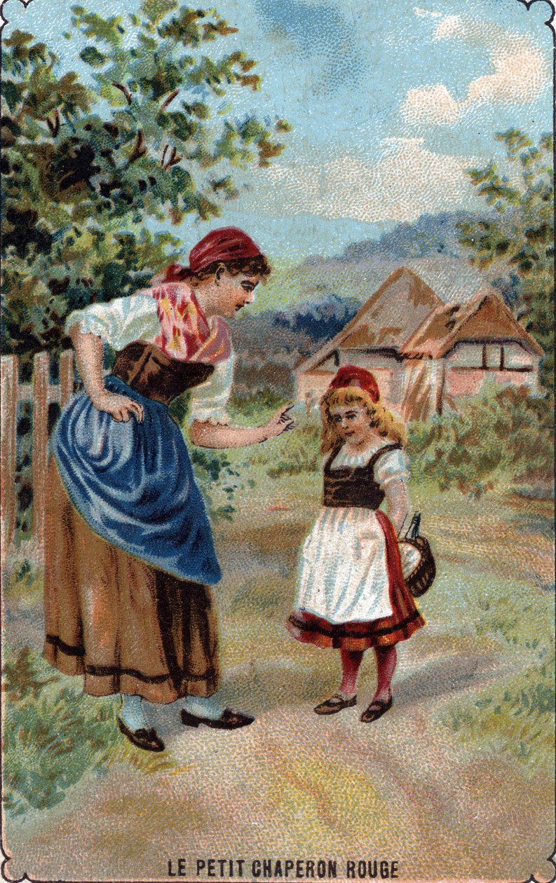 Moren til den lille rødhetten advarer henne mot ulven Illustrasjon av eventyret “Den lille rødhetten”” av Charles Perrault (1628-1703) “” Rødhettens mor advarer henne mot ulven”” ” Illustrasjon fra “” Litt av French School
