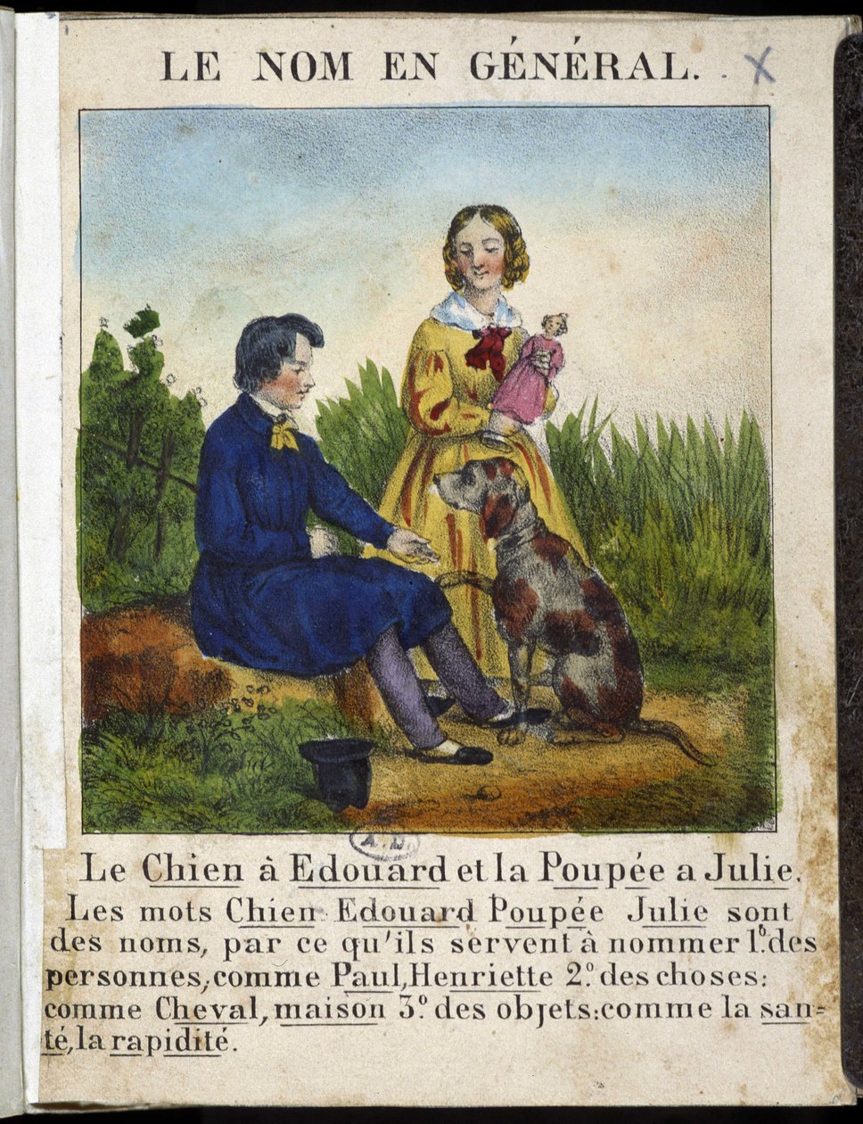Navnet generelt (en gutt med en hund og en jente med en dukke) - i "" La grammaire en images"" av French School