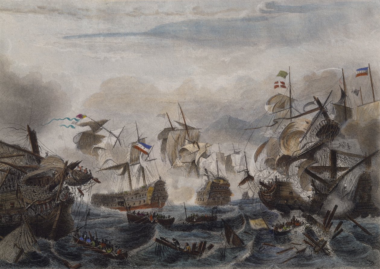 Sjøslaget ved Cape La Hogue i 1692, gravert av Chavanne (farget etsning) av French School