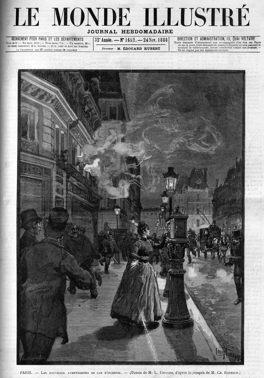 De nye brannalarmene i Paris i 1888. Forside av «The Illustrous World»» fra 1888. av French School