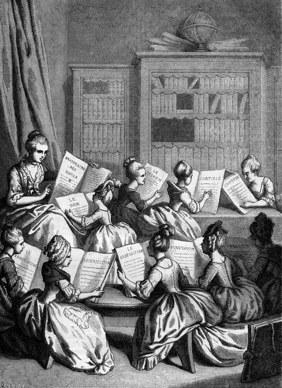 De ni delene av talen. (Tradisjonell grammatikk klassifiserer ord i ni kategorier, også kalt «delen av talen») Skoleelever under en grammatikkforelesning. 18. århundre? Gravering fra 1868. av French School