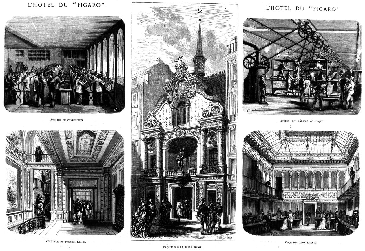 Kontorene til Figaro, 26 rue Drouot, Paris, 1874 av French School