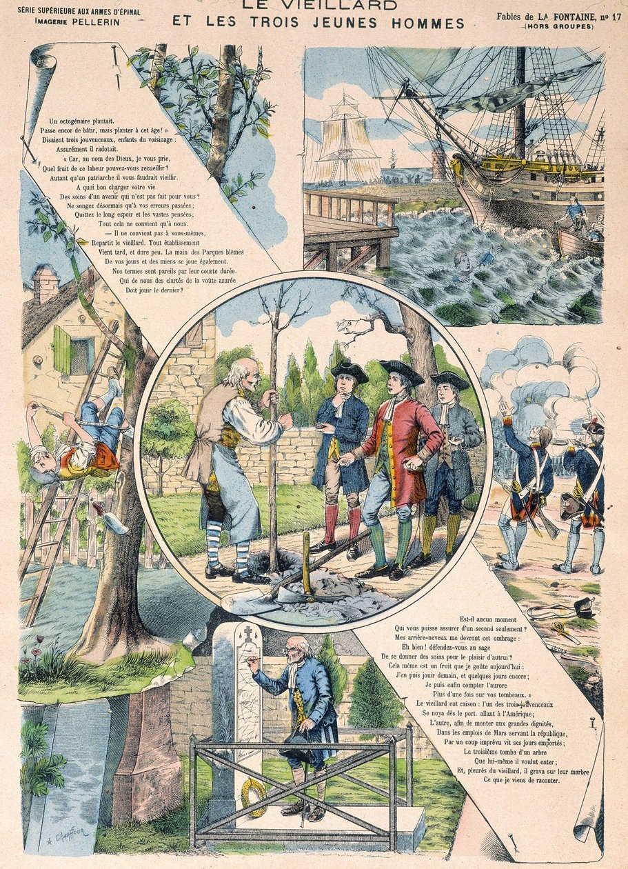 Den gamle mannen og de tre unge mennene - Fables de La Fontaine i bilder av Epinal av French School