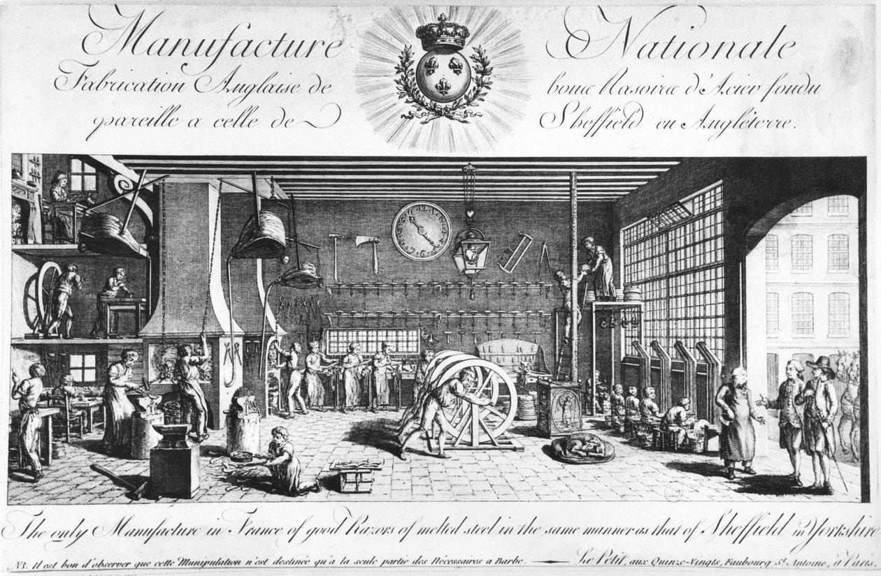 Den eneste produksjonen i Frankrike av gode barberhøvler av smeltet stål på samme måte som Sheffield i England, Yorkshire, sent på 1700-tallet (se også 248212) av French School