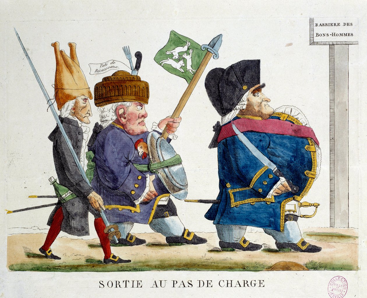 Utgangen ved ladetrinnet. Tegneserie som viser menn som krysser barrieren til de gode mennene under restaureringen (1823). Gravering fra 1823. Paris, Musee Carnavalet av French School