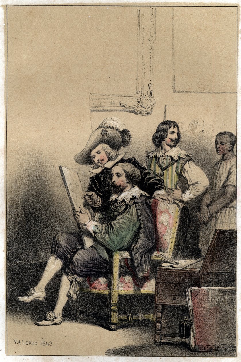 Maleren Diego Velasquez (1599-1660) ønsker velkommen i sitt atelier Pierre Paul (Pierre-Paul) Rubens (eller Peter Paul eller Petrus Paulus) (1577-1640). Plate hentet fra "" Scenes de la vie des hommes famous""" gravering i to nyanser av Valerio. 1843. av French School