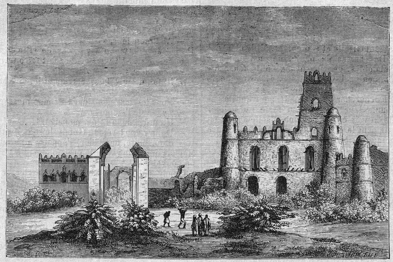 The palace of the Negouss (Negus) or kings of Ethiopia in Gondar. Engraving from 1896 in “” L