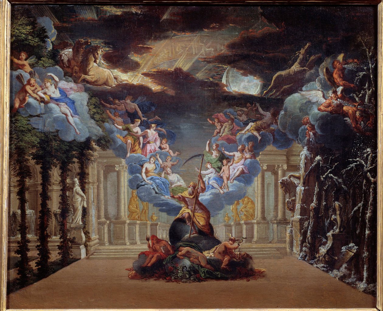 Tidens palass, dekor av prologen til "Atys" av Jean Baptiste Lully (Giovanni Battista Lulli) (1632-1687) opprettet i 1676 Myhologiske figurer som Mercury, Hermes er representert. Anonymt maleri av den franske skolen på 1600-tallet. Paris av French School
