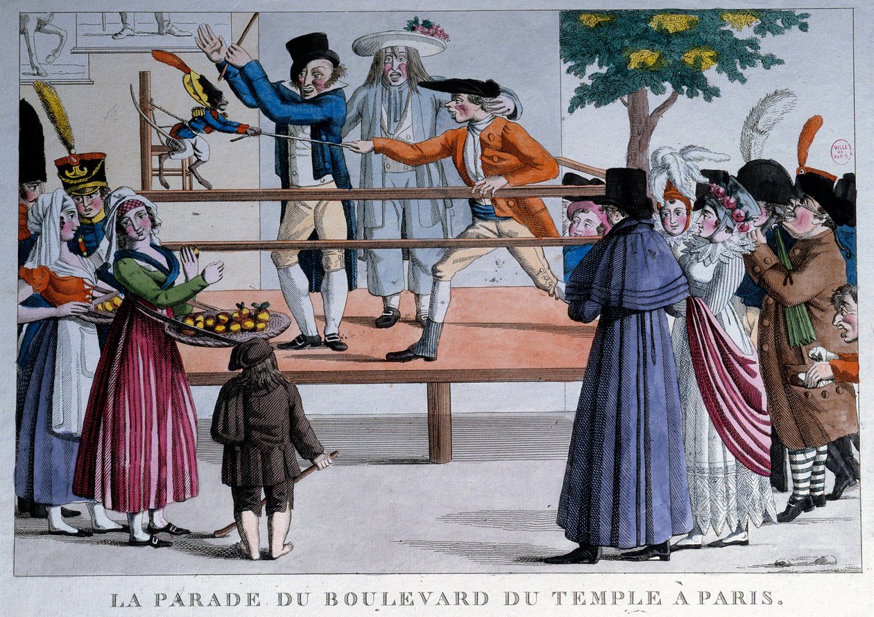 Paraden av boulevard du tempel i Paris. Anonym litografi av French School