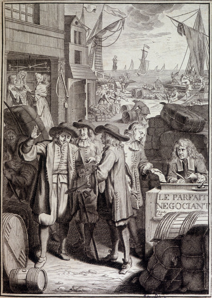 Den perfekte forhandlingen (avslutningen av en marsj mot en havn på 1700-tallet) - frontispiece av et verk av Jacques Savary av French School
