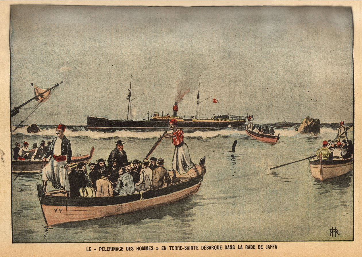 Menns pilegrimsreise i Det hellige land Jaffa (Israel). Gravering i «Le pelerin» 08.09.1901. Selva-samlingen. av French School