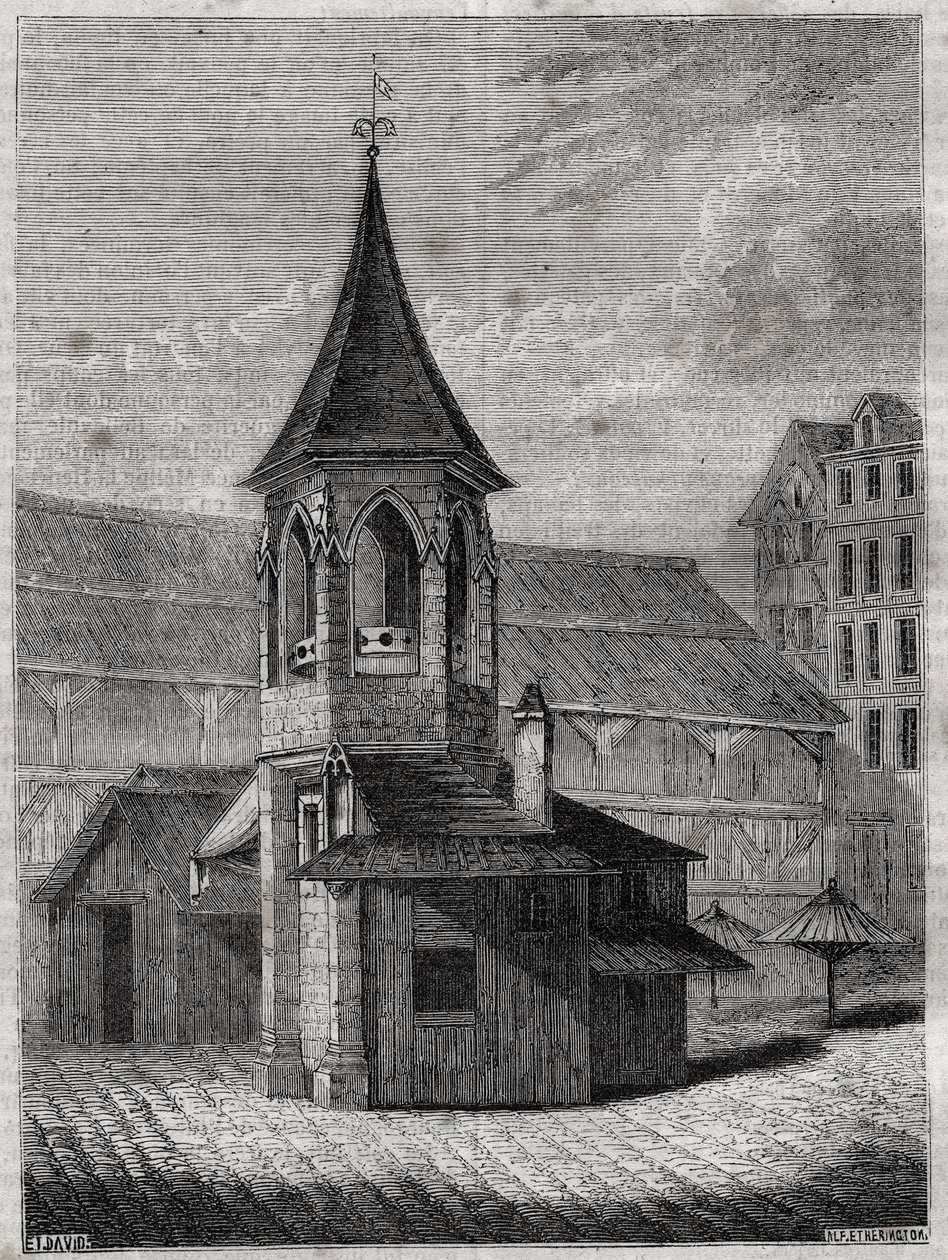 Hallenes søyle på 1700-tallet, bygget på den gamle kirkegården til de uskyldige - Gravering i "Paris fysiske, sivile og moralske historie: fra de tidligste historiske tider til i dag" av Jacques Antoine Dulaure av French School