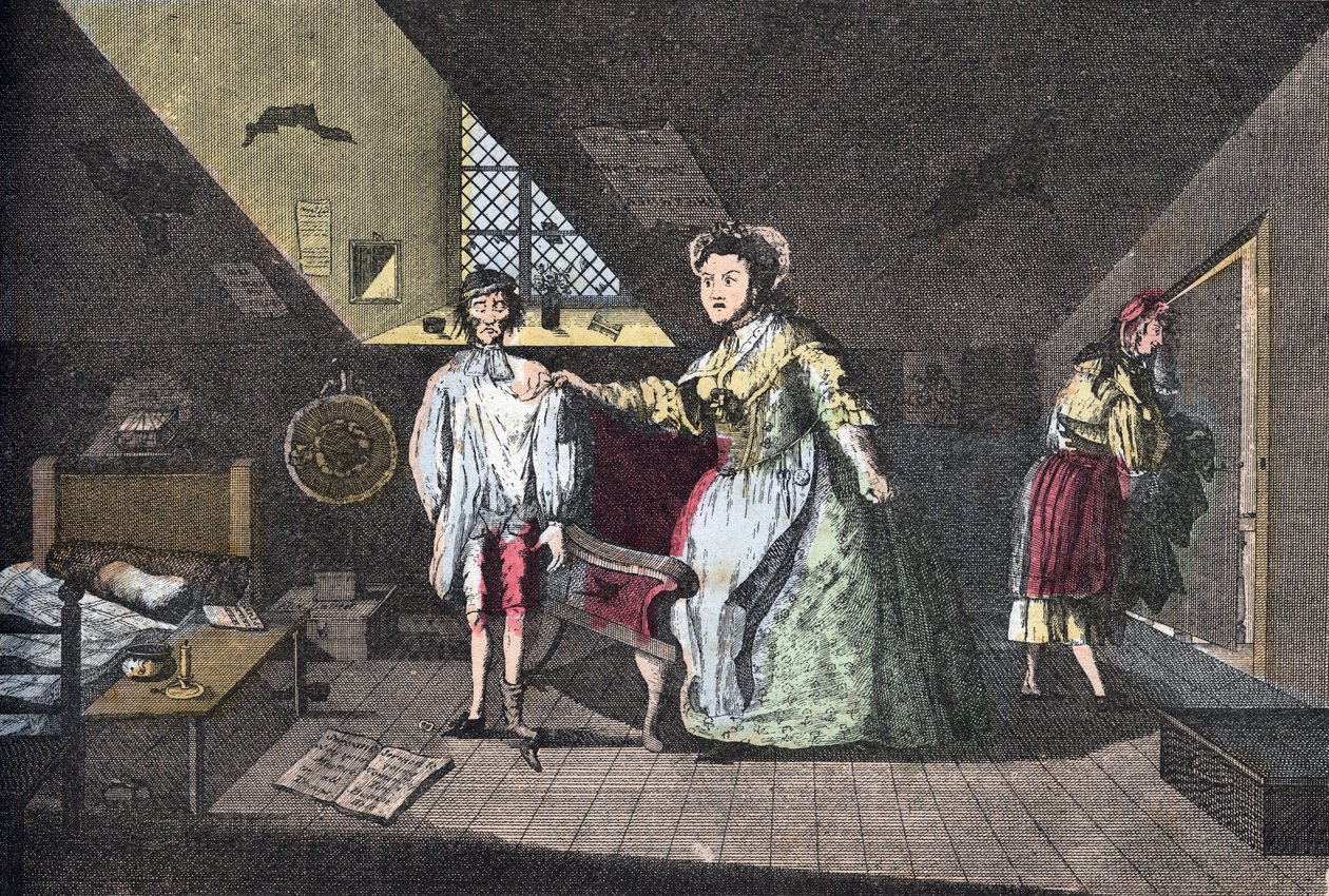 The pious tailor caught in adultery. Engraving by Cabbage from 1768 in “” Lire Et Galanterie””. Weekly Collection of Galantes Images on the direction of John Grand-Carteret. 1903-1904. av French School