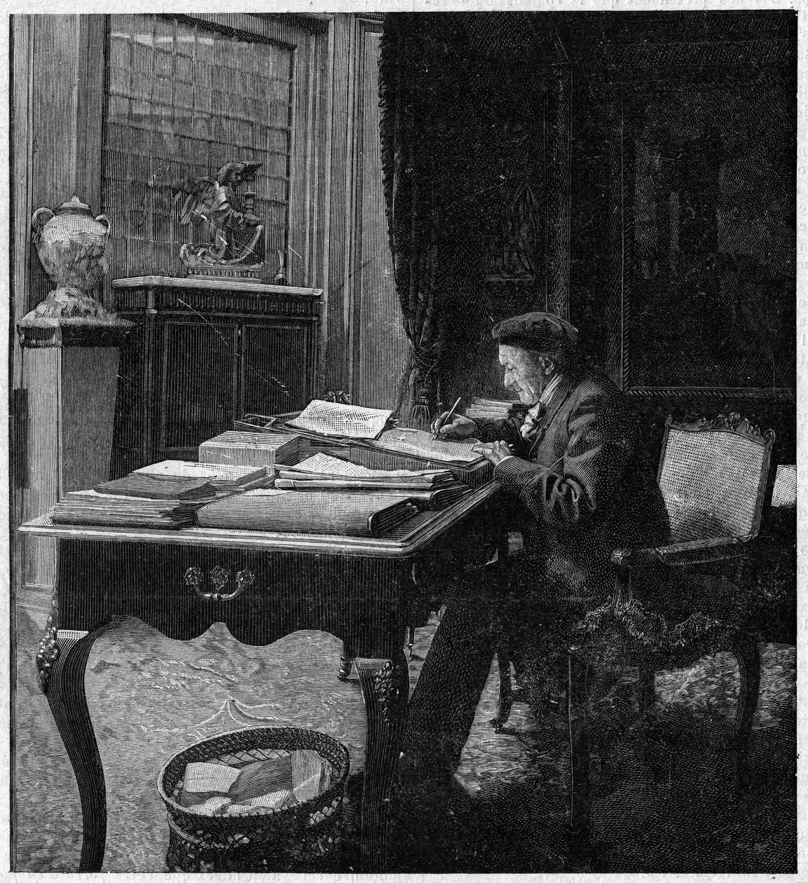 The playwright Victorian Sardou (1831-1908) in his office. Engraving in “La gazette du dimanche”” of January 2 av French School