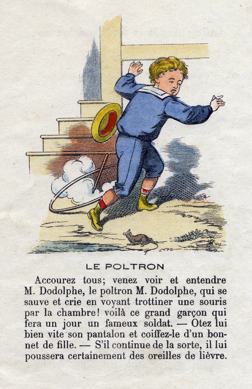 Poltronen. Et barn som leker bøylen skremt av en mus. Smågutter alfabetet. Abecedary har moralsk verdi som inneholder leseøvelser. Epinal avbildning sent på 1800-tallet av French School