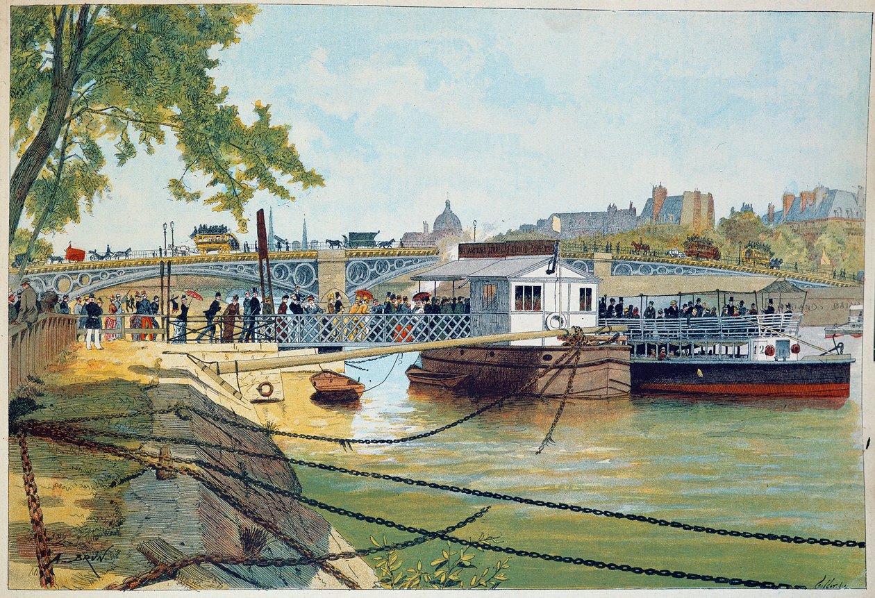 Pontongen til Suresnes-båtene ved broen til de hellige Peres. 1800-talls gravering. Paris, dekorativ kunst av French School