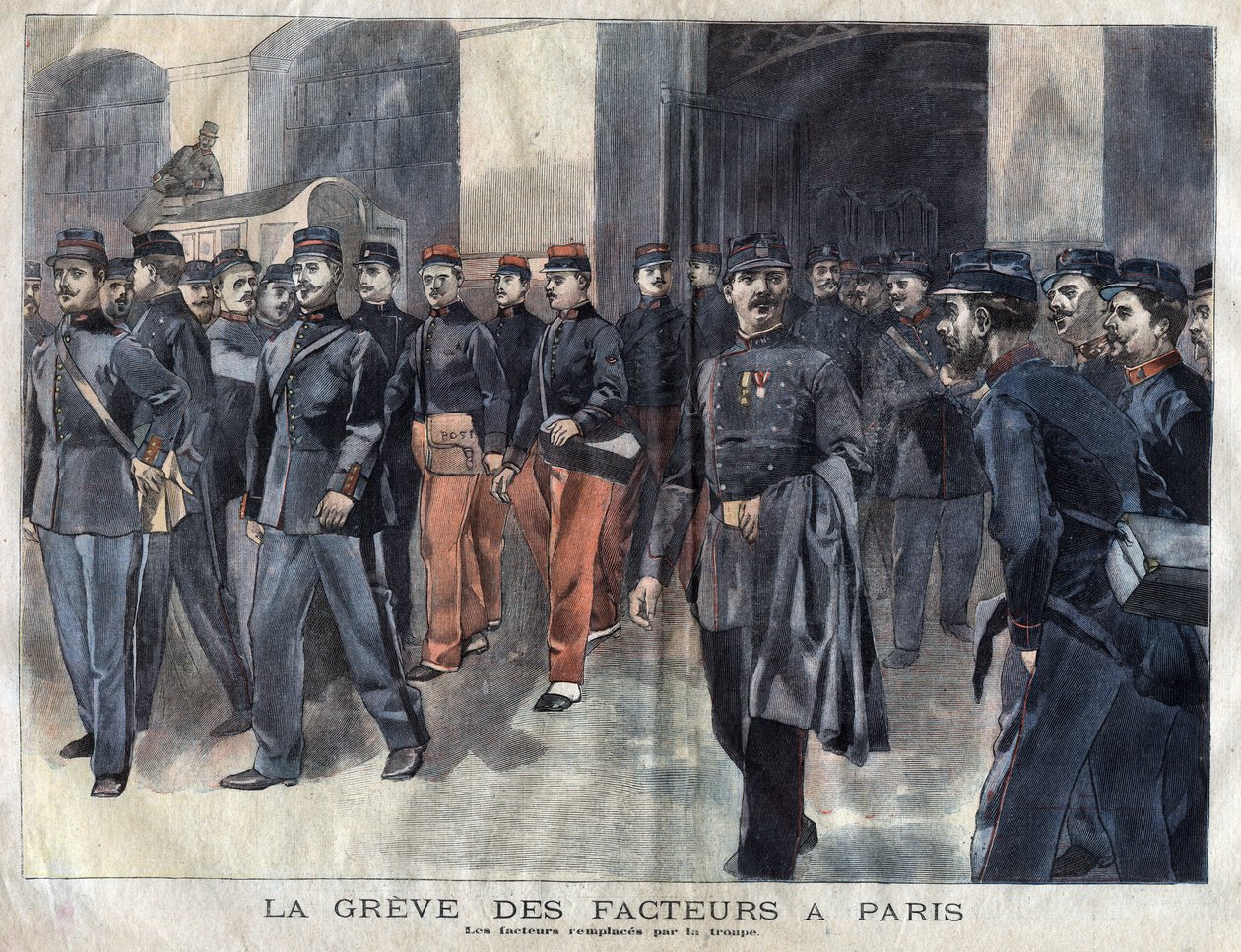 Postbudene streiker: soldater og kommunale vakter siktet for utdeling av brev i Paris. Gravering av 1899 i "" La petite Gironde"" av French School