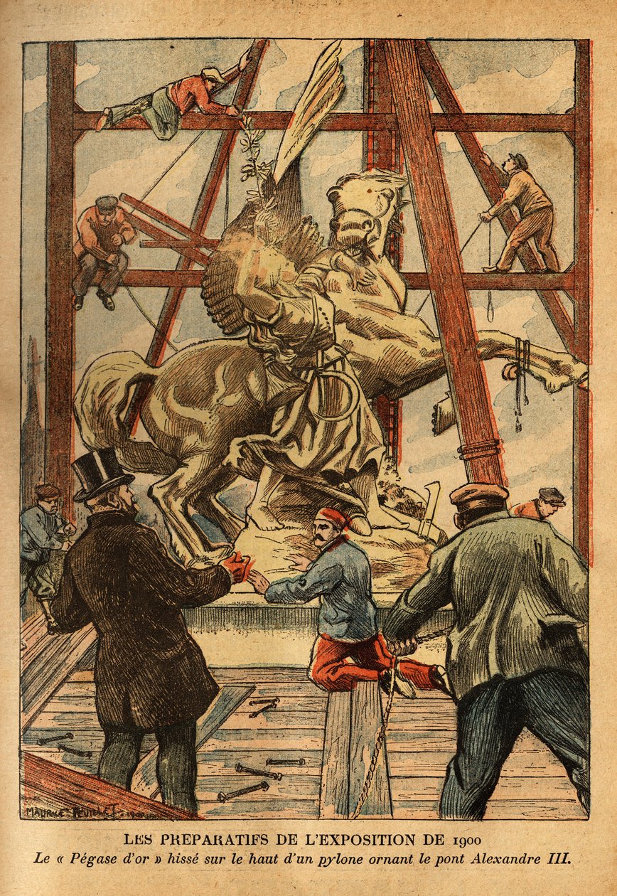 Statuen av «Pegase holdt fast i bisselet av Renommée» i gyllen bronse, av skulptøren Emmanuel Fremiet (1824–1910), svever på toppen av en av de fire pylonene som pryder Alexander III-broen, under forberedelsene til utstillingen i 1900. av French School