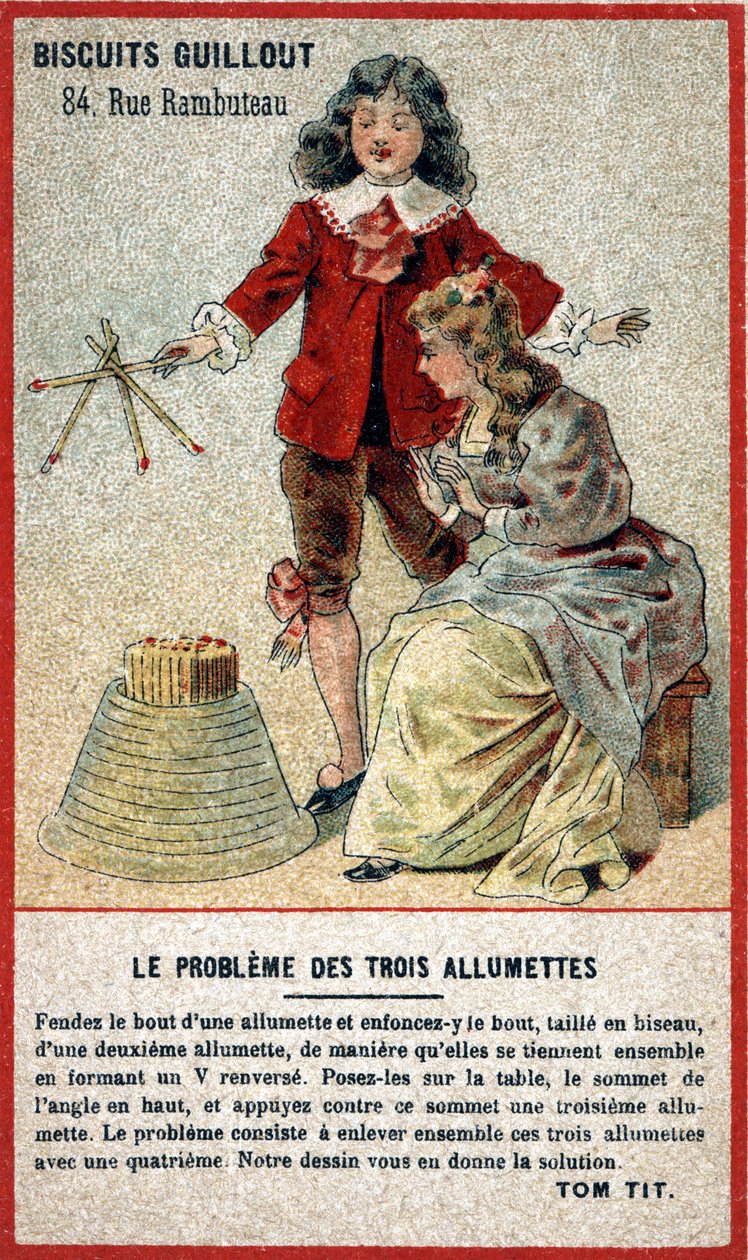 Problemet med tre kamper: barnekort som tilbyr et spill i form av et puslespill (gjetting). Kromolitografi fra 1800-tallet. av French School