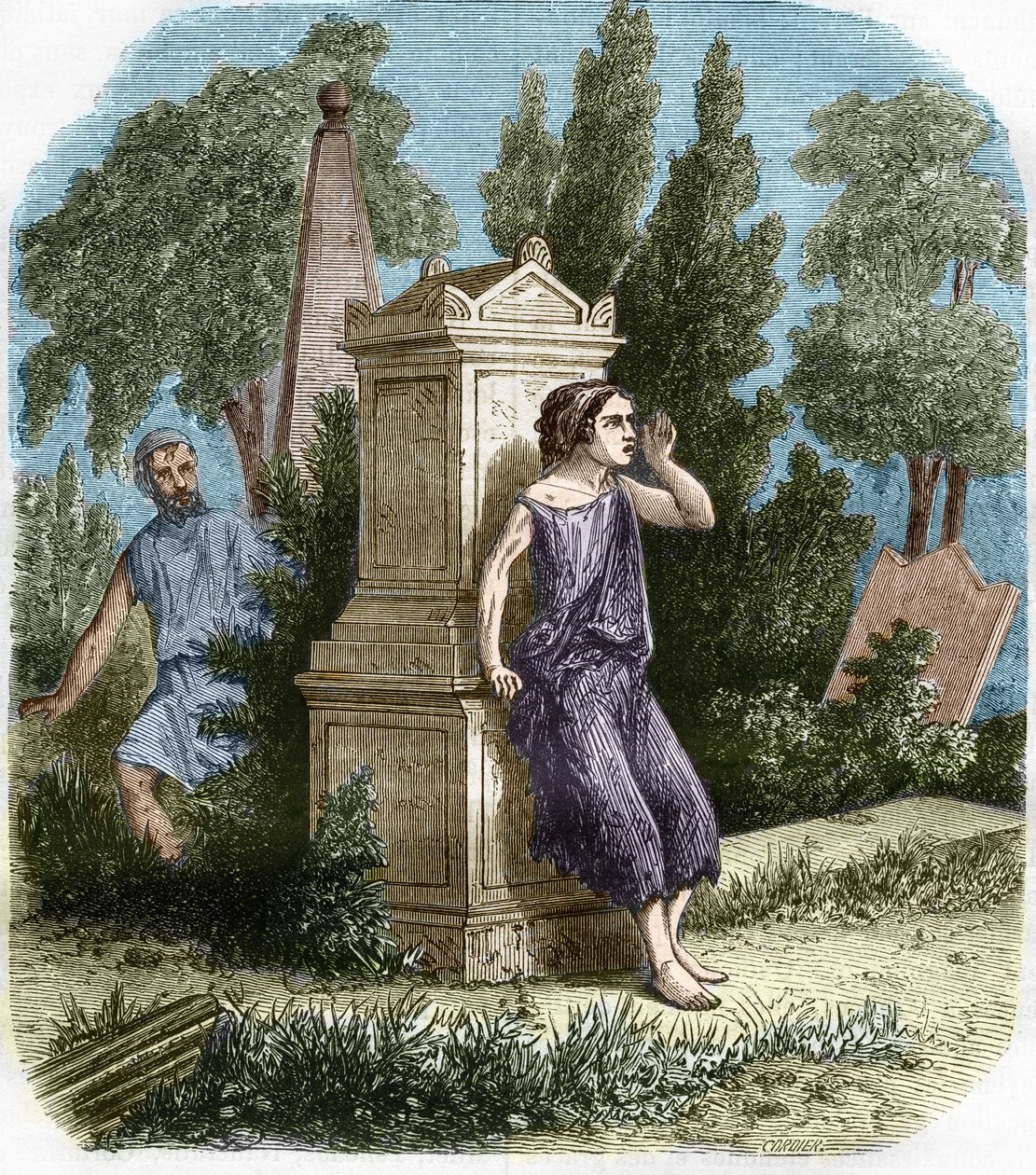 De prostituerte i Antiquite, Hellas: Hetaires gjorde åpenlyst sin lille metier. Engravurein "Historien om prostitusjon og utskeielser blant alle verdens folkeslag fra antikken til i dag" av Dr. Th. -F. Debray. 1879. av French School