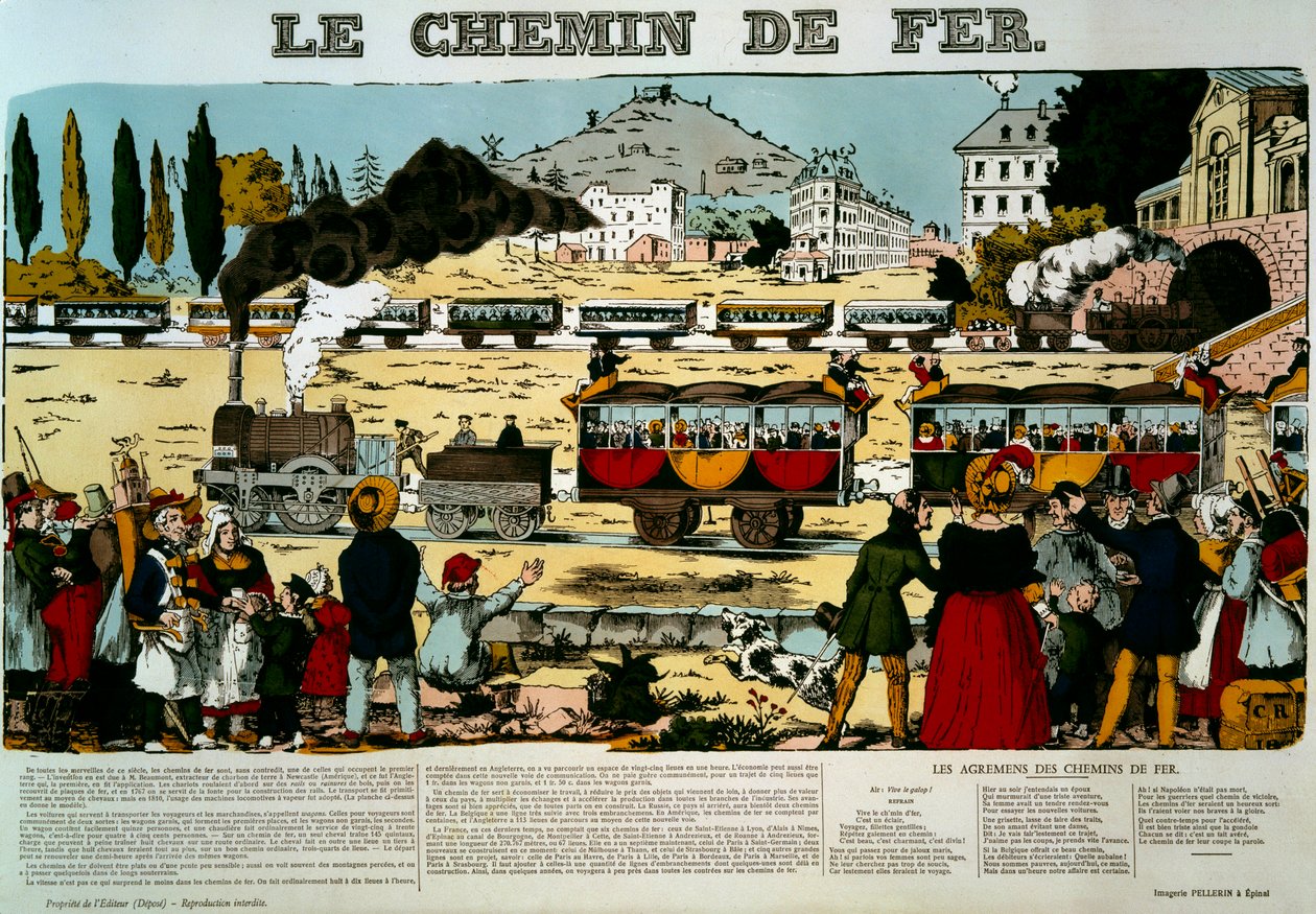 Jernbanen. Reisende i togvogner møtt av tilskuermengden på scenen. Gravering. Bilde av Epinal av French School
