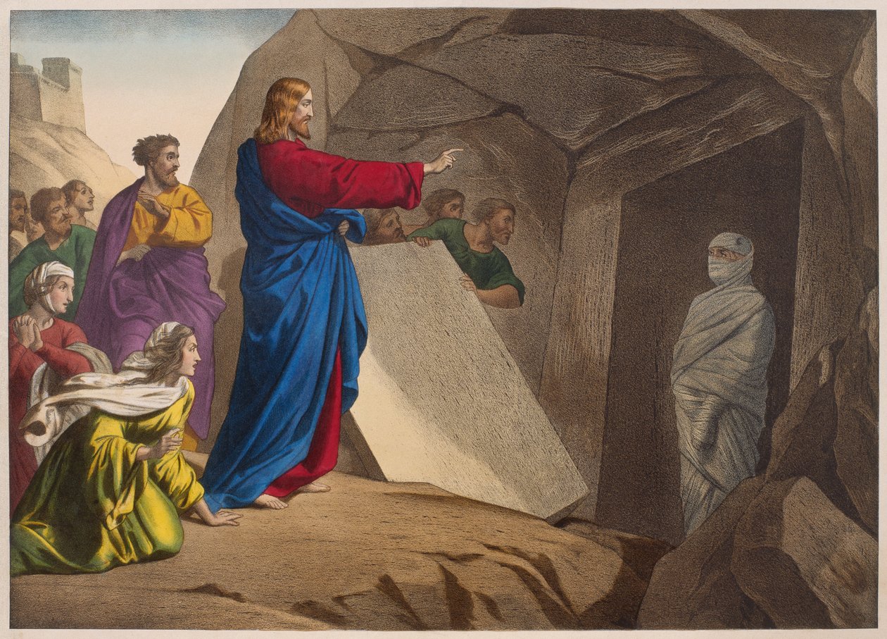 The raising of Lazarus, illustrasjon fra en katekisme LHistoire Sainte, utgitt av Charles Delagrave, Paris, sent på 1800-tallet av French School