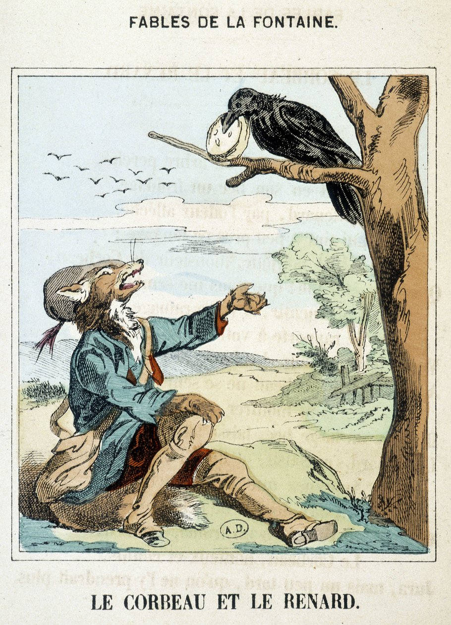 Ravnen og reven - i "" Fables"" av La Fontaine av French School