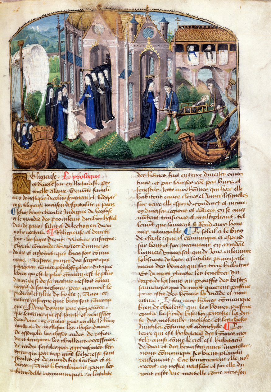 Mottakelse av en nybegynner og velkommen til en pasient, fra Le Livre de Vie Active de lHotel Dieu de Paris av Jean Henry, ca. 1482 (se også 236790) av French School